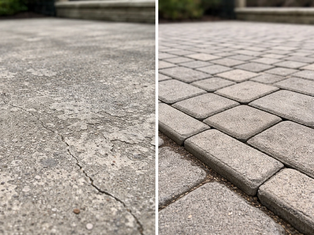 Concrete patio shows spalling on one side, while pavers with intact joints sit beside it.
