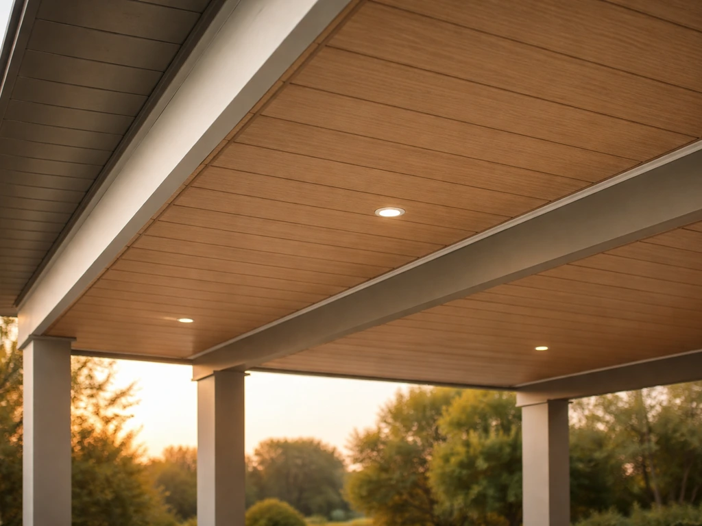 Covered patio with a finished soffit-style ceiling showing wood-toned panels and white trim under the eaves.