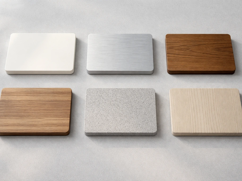 Split photo showing six patio ceiling material samples with textured surfaces arranged side by side.