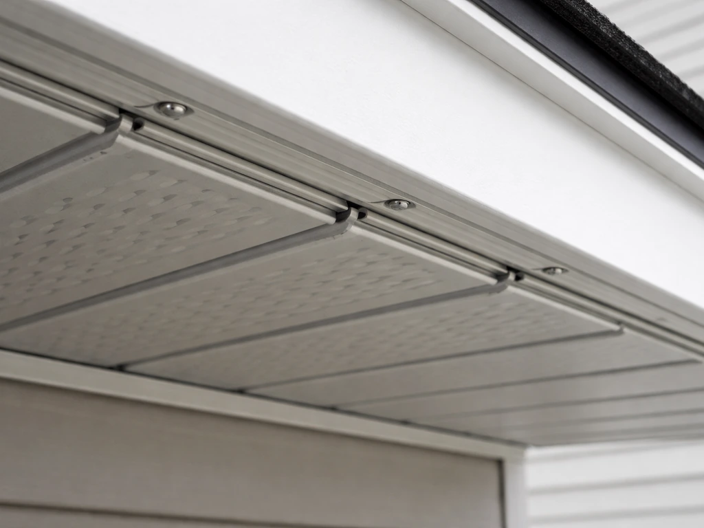 Close-up of interlocking aluminum soffit panels being hooked and fastened along a home fascia line
