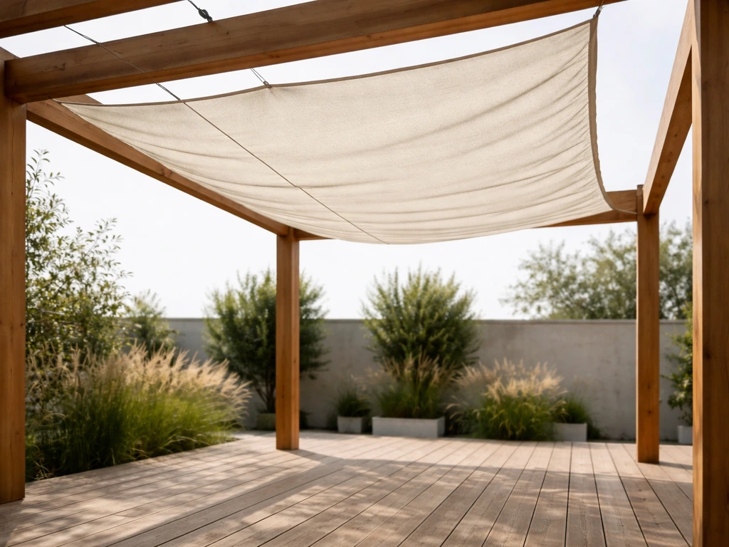 Outdoor pergola with tensioned fabric shade panel filtering sunlight through an open patio.