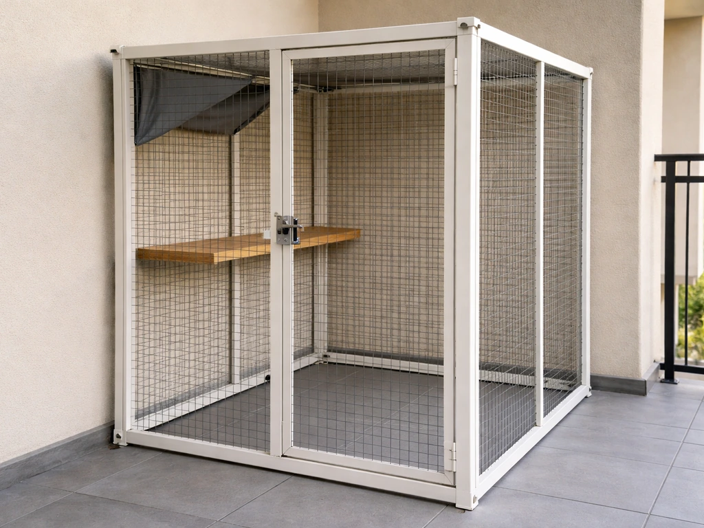 Freestanding escape-proof catio with mesh panels and secure door on an apartment patio