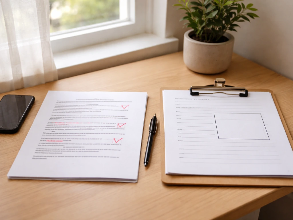 Marked-up lease page next to blank patio planning notes on a minimal desk setup.