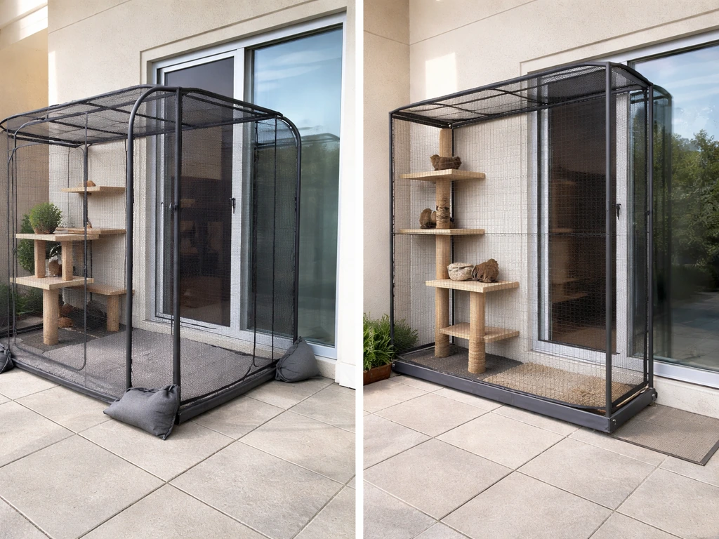 Split-view patio scene showing a freestanding mesh catio beside an attached-style catio concept