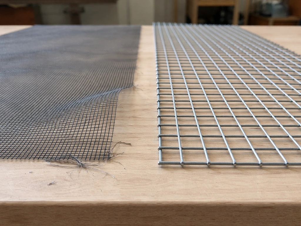 Side-by-side close-up of flimsy fiberglass window screen and rigid welded wire mesh, showing strength.