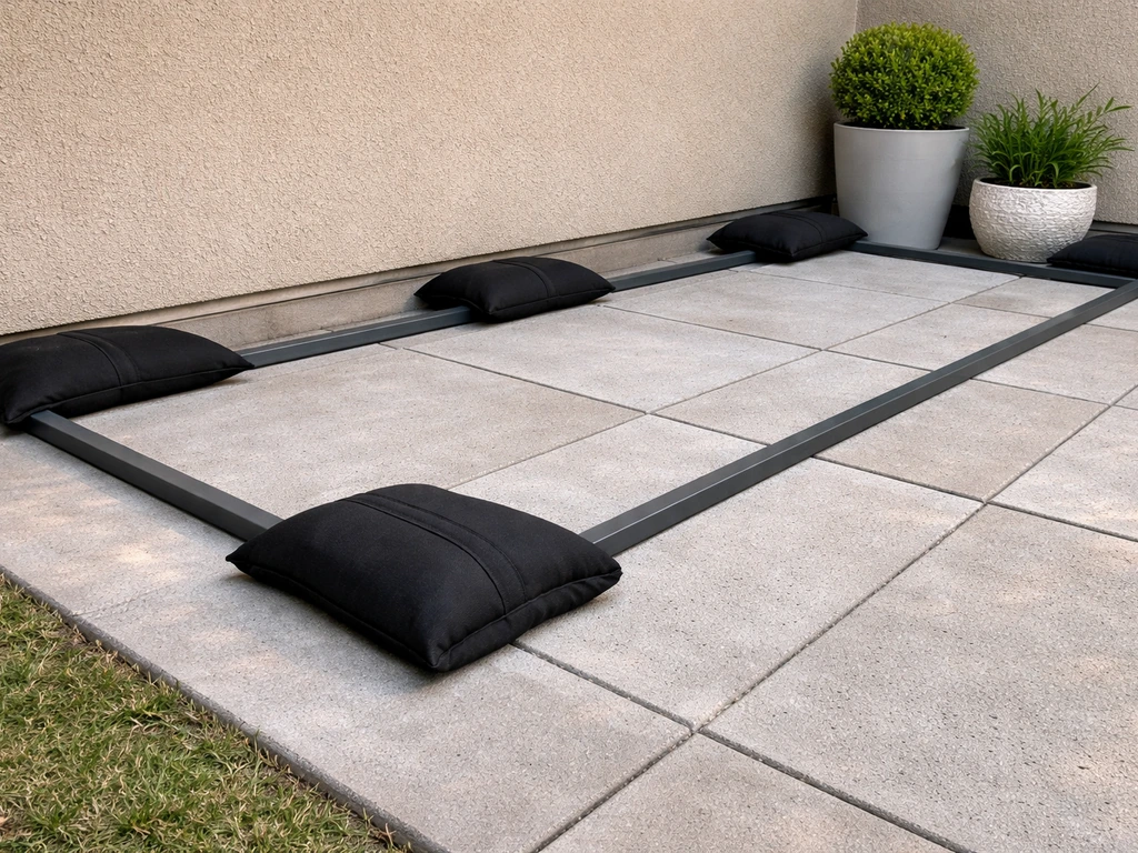 Weighted base frame with sandbags and planters secured along a concrete tile patio perimeter