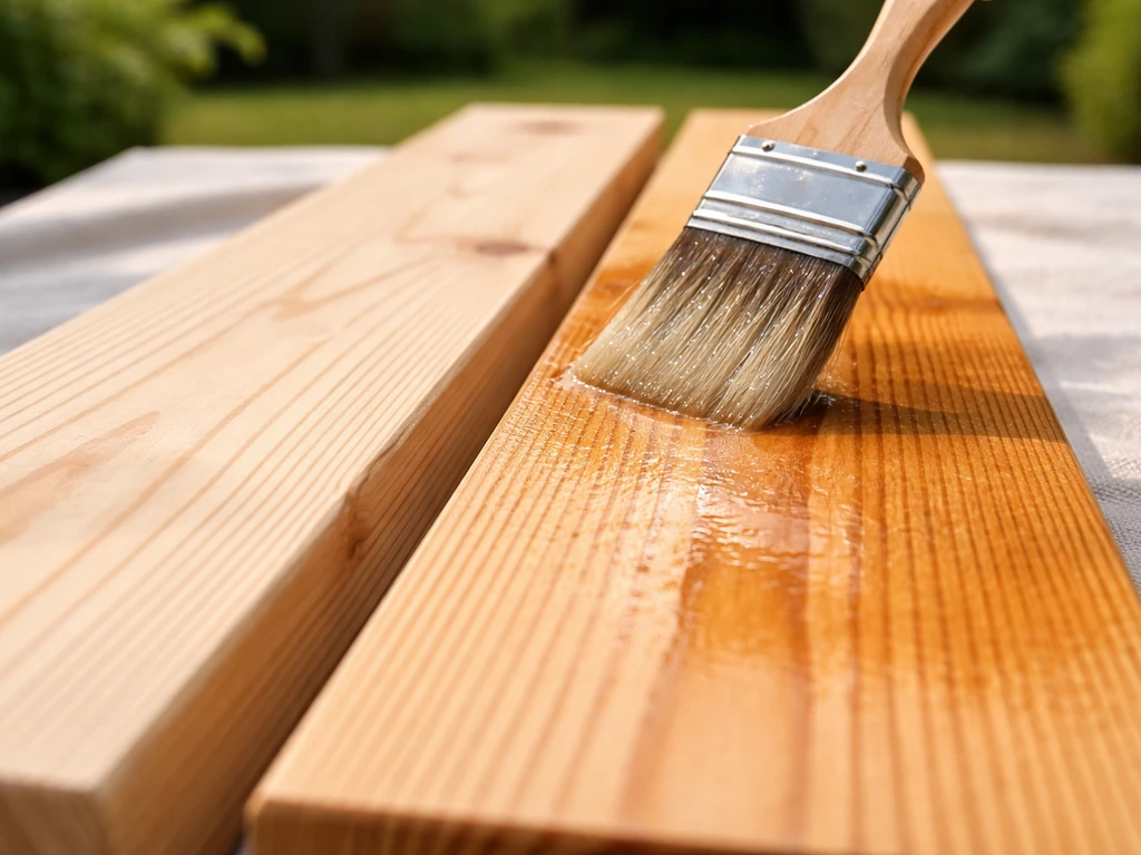 Brush applying water-based pet-safe sealant to outdoor lumber boards before assembly