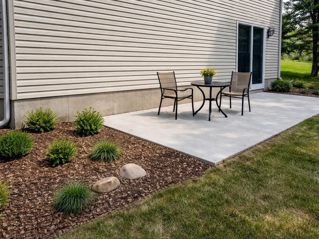 Residential patio set several feet from the house foundation, showing slope away for drainage.