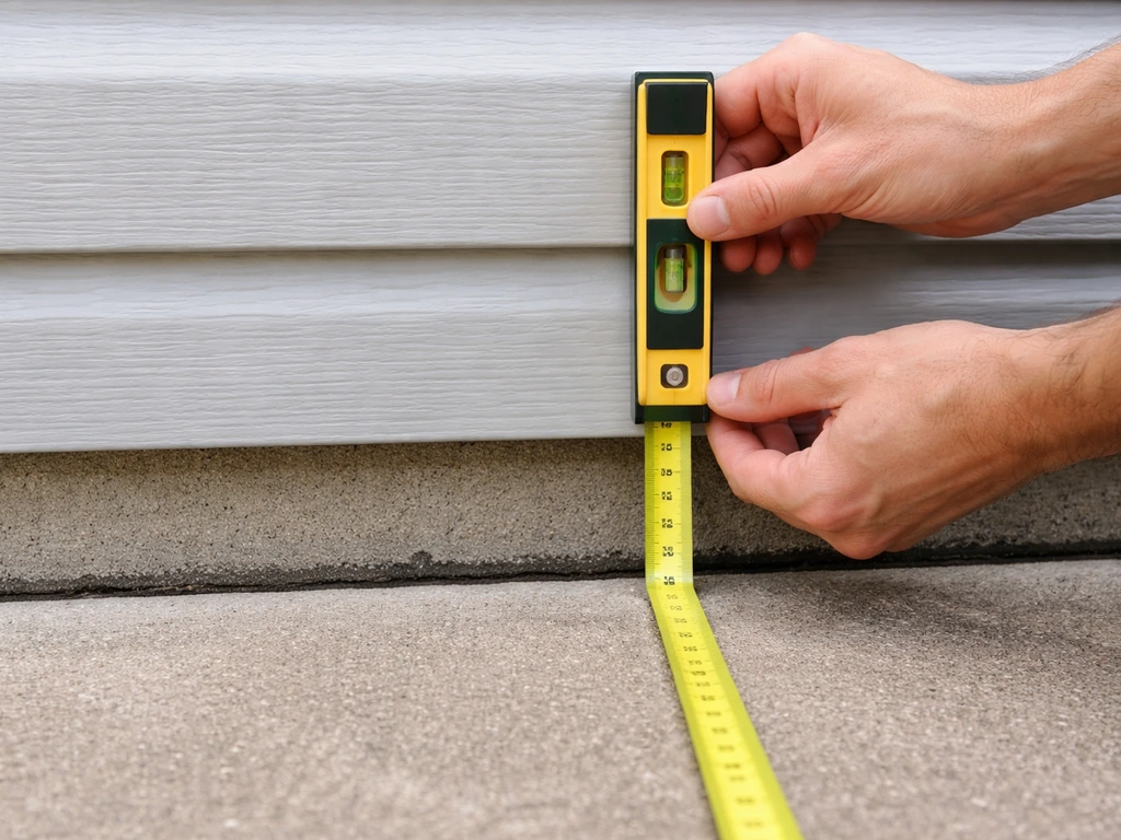Tape measure held at a house wall showing vertical clearance from siding bottom to patio surface