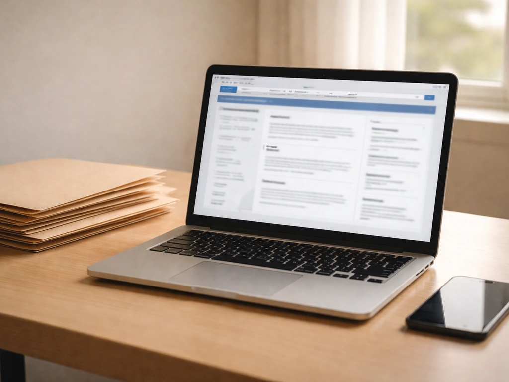 Close-up of a laptop on a desk showing a generic municipal code lookup page with no readable text.