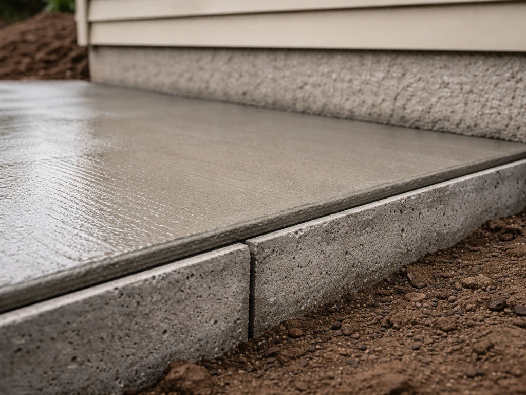 Close-up of a poured concrete slab patio near a foundation with a visible movement gap and siding clearance