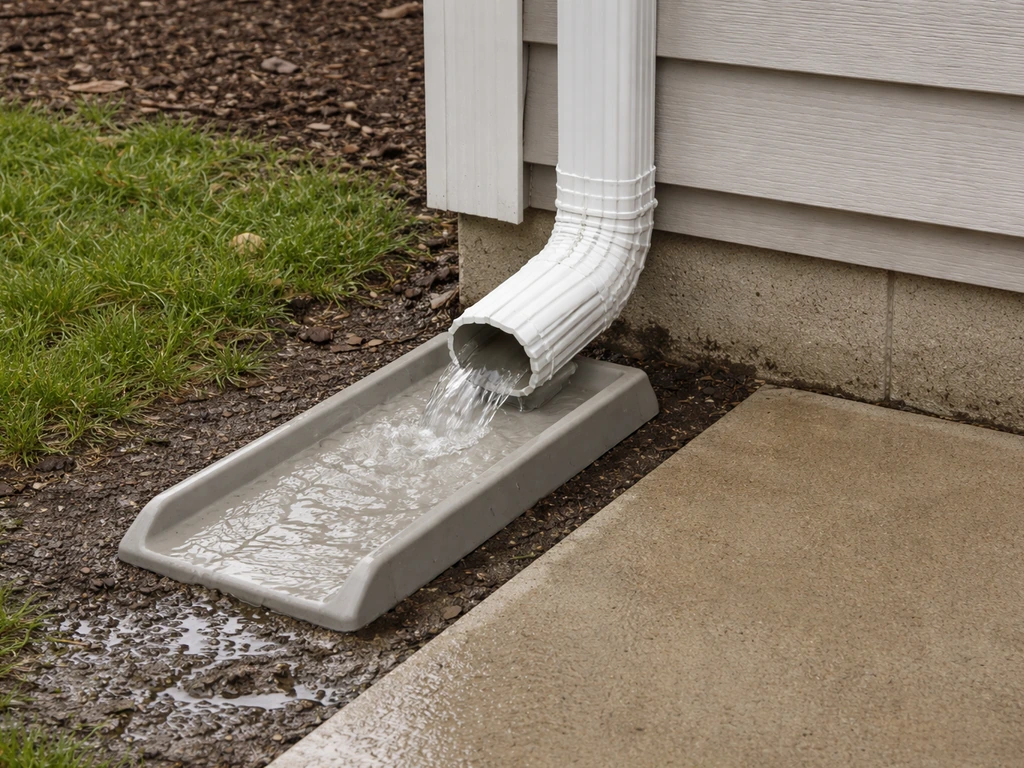 Extended downspout discharging onto a splash block away from a patio, protecting siding and foundation.