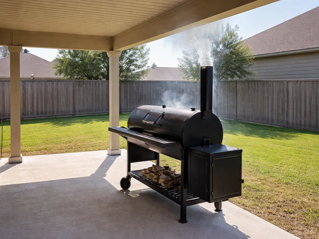 Backyard patio roof overhead with a smoker positioned safely near the covered area, showing clearance and heat risk