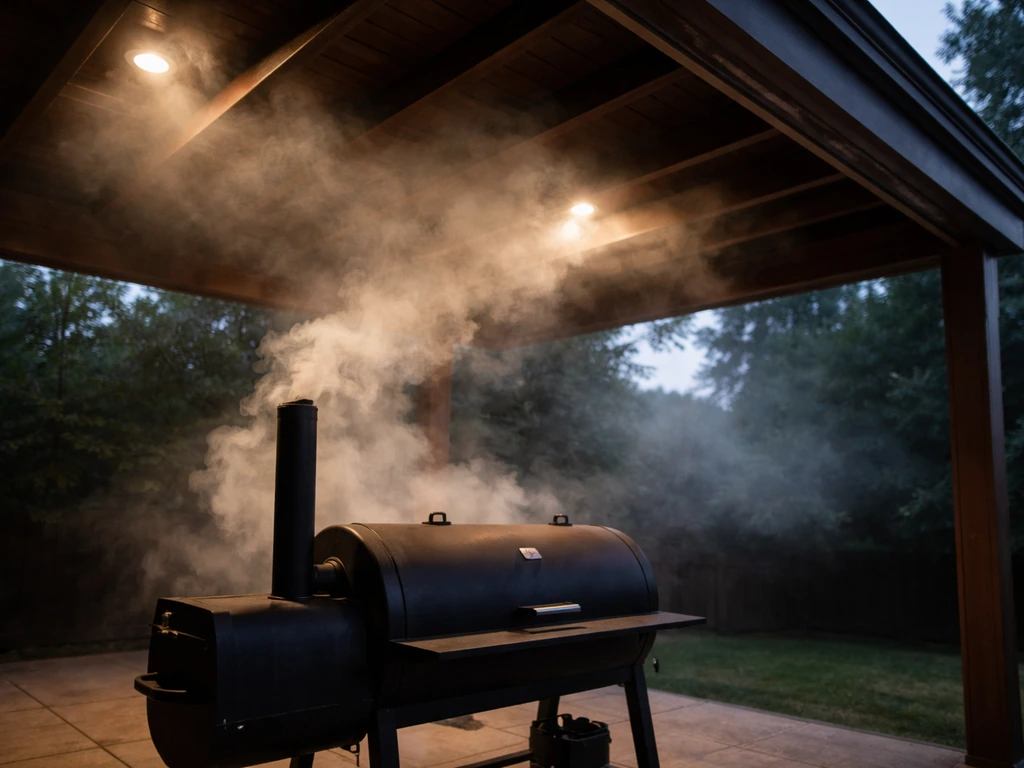 Covered patio roof overhead with a smoker positioned nearby, showing trapped smoke and warm heat haze.