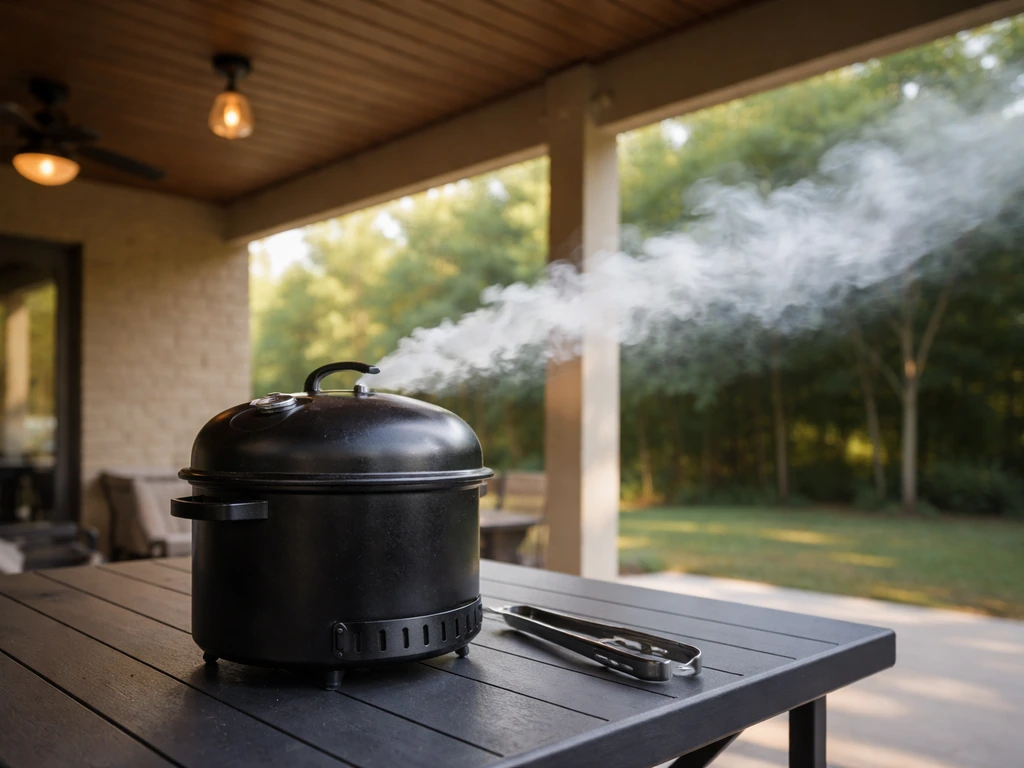 Smoke from a patio smoker drifting toward open sides under a roof, showing airflow direction.