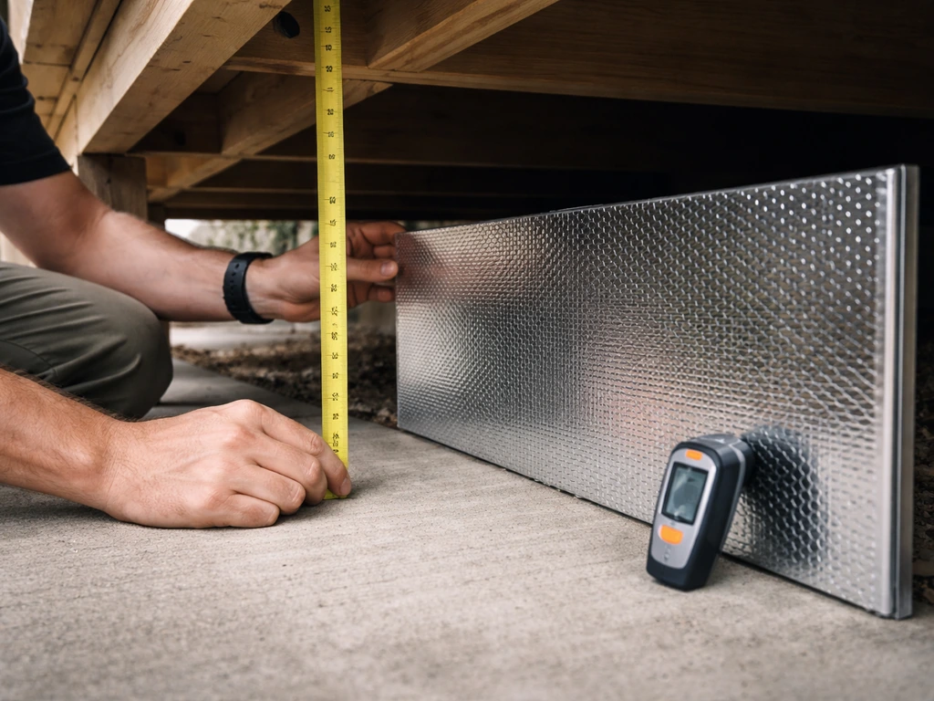 Anonymous homeowner kneeling under a patio, using a tape measure and placing a heat shield for safe airflow.