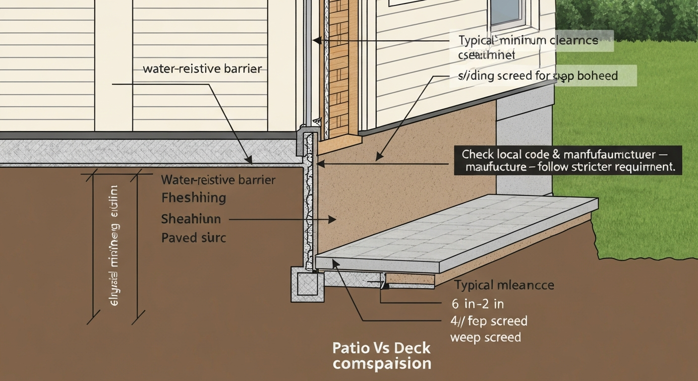Isometric cross-section infographic showing siding-to-patio clearance with labeled measurement arrows and flashing details.