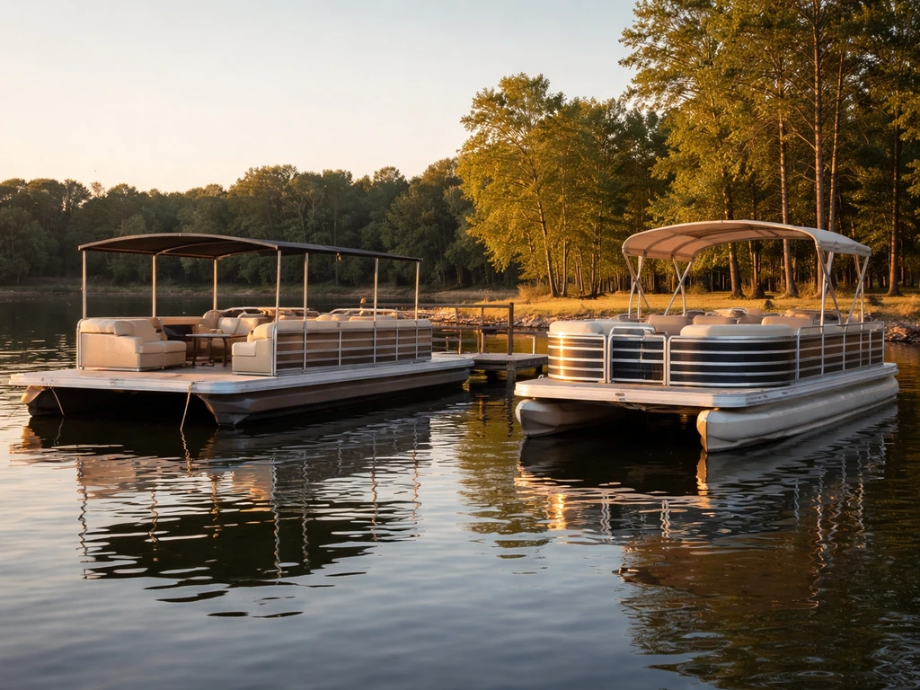 Two boats, a patio boat and a pontoon boat, docked side-by-side on a calm lake at golden hour.