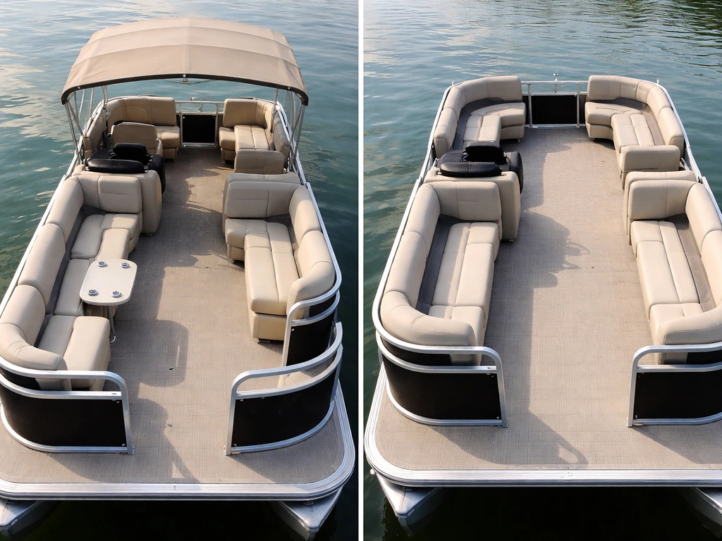 Split-view photo of two pontoon boat decks showing different seating, shade, and open walking space.
