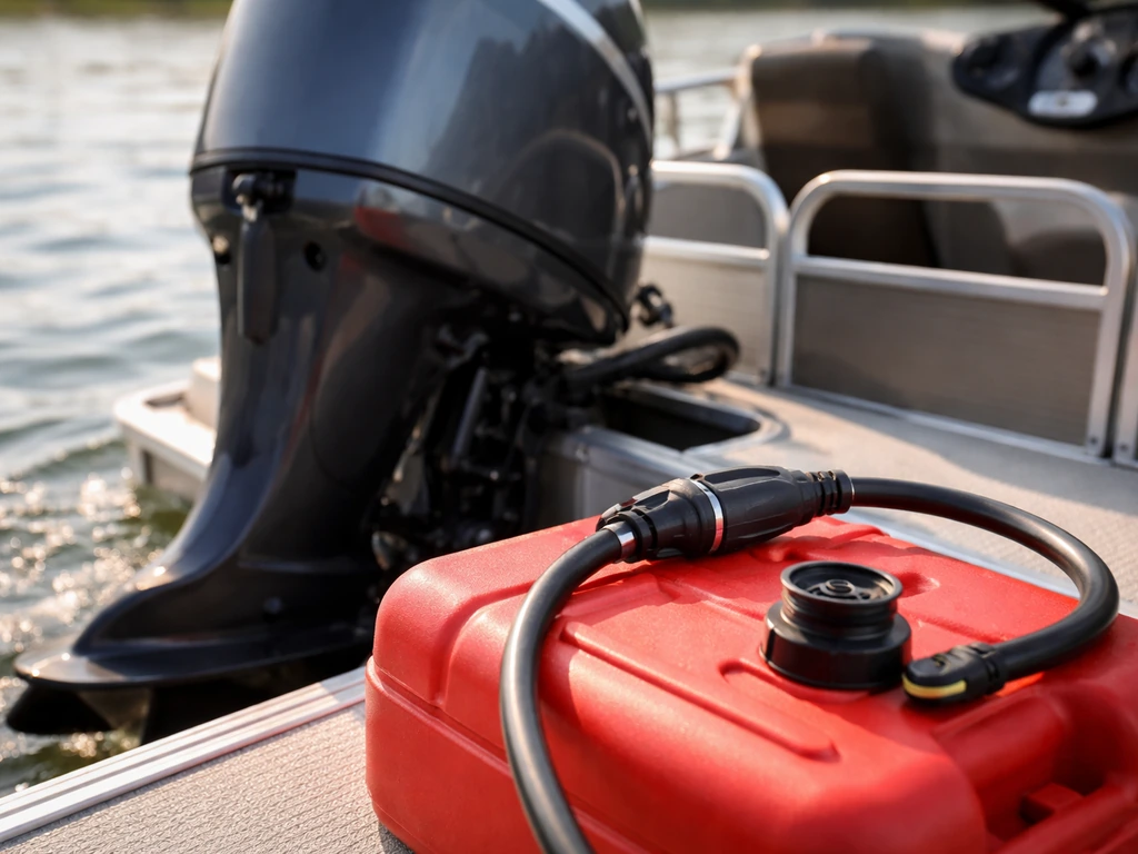 Close-up of a pontoon boat outboard with visible fuel line and tank nozzle setup on the deck.
