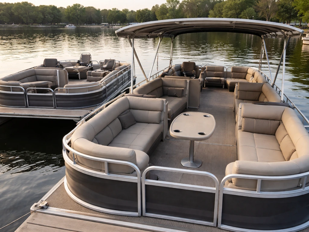 Sheltered patio boat seating beside an open pontoon deck at a calm marina, no people visible.