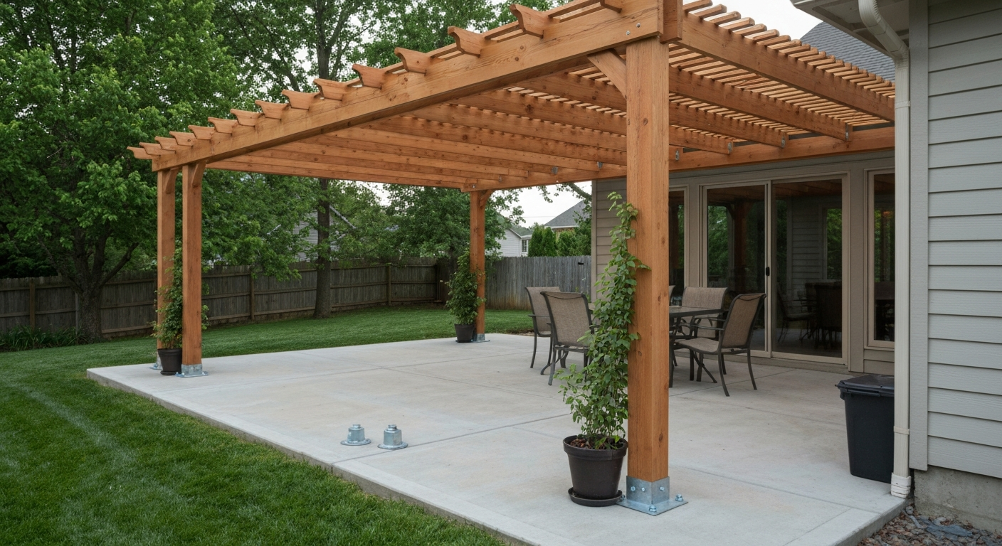Photorealistic backyard concrete patio with a cedar pergola installed directly on the slab; posts anchored to concrete, dappled sunlight through slats, patio furniture, and climbing plants.
