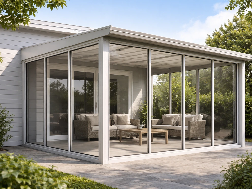 Bright enclosed patio with clear glass panels and roofline at a home