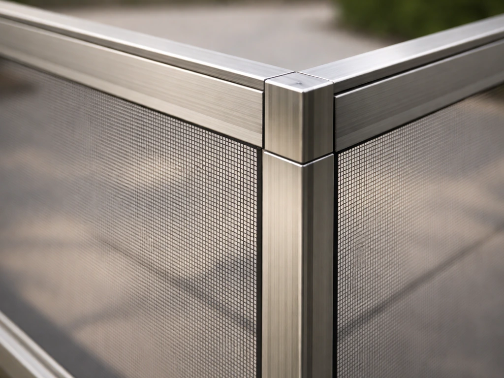 Close-up of an aluminum-framed screened patio enclosure section with mesh panels in natural light.