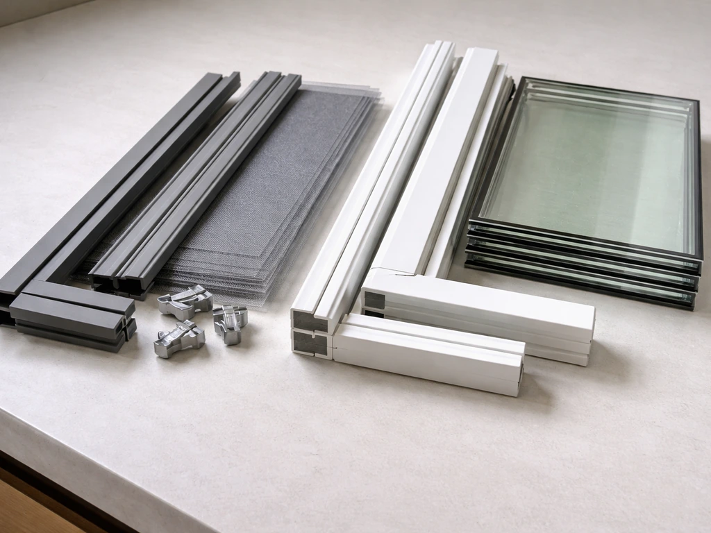 Side-by-side aluminum screen framing and vinyl framing with insulated glazing panels on a table.