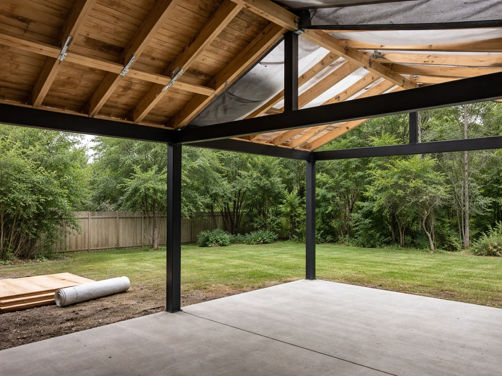 Under-construction enclosed patio with visible roof framing and rafters over a concrete slab.