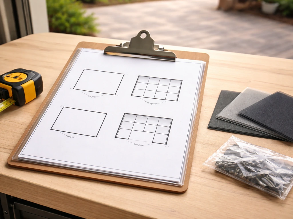 Clipboard with blank patio layout sketches and materials on a desk near an open garage door.