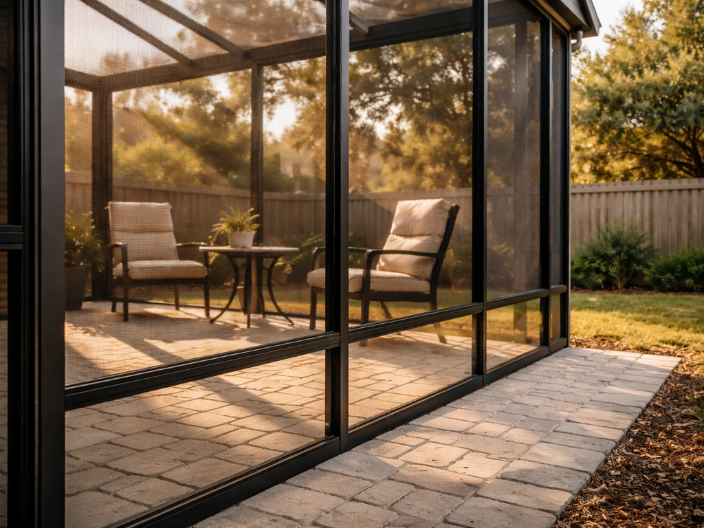 Residential patio with clear glass and screen enclosure panels in soft natural light.