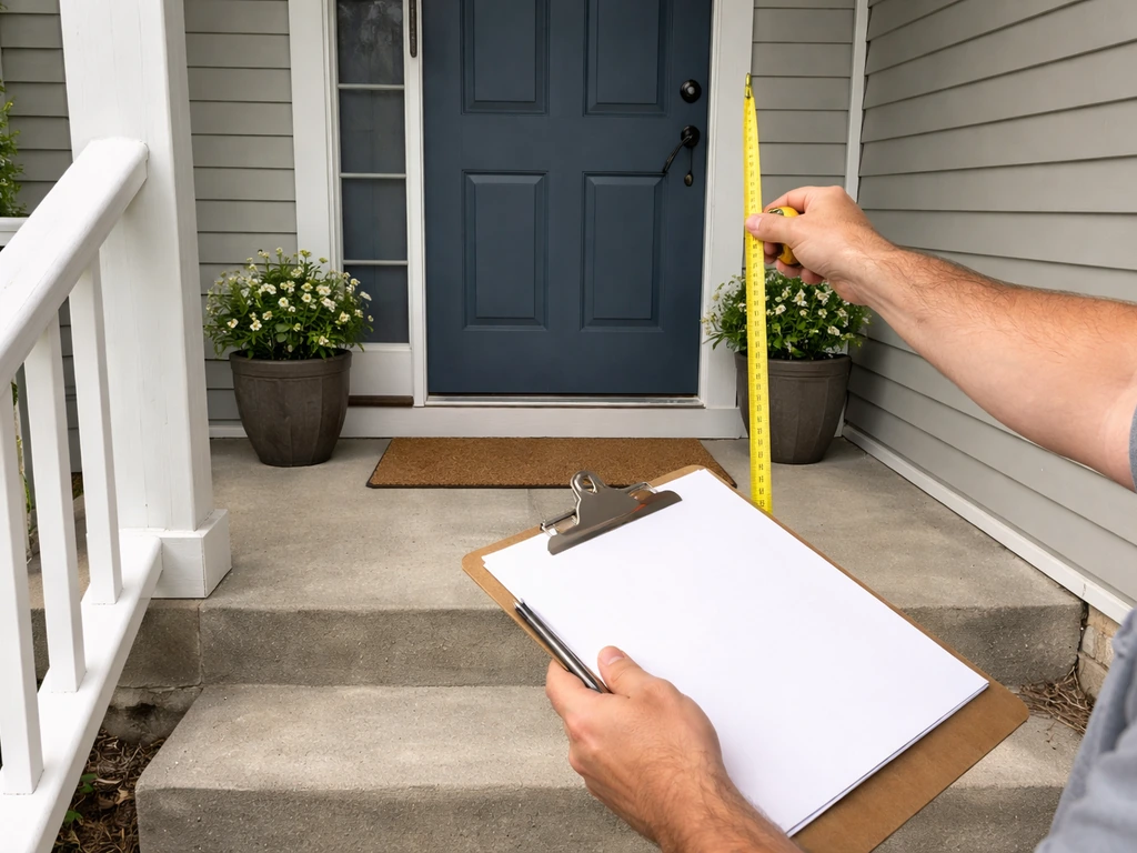 Contractor hands with clipboard and measuring tape at a home front door for an estimate.