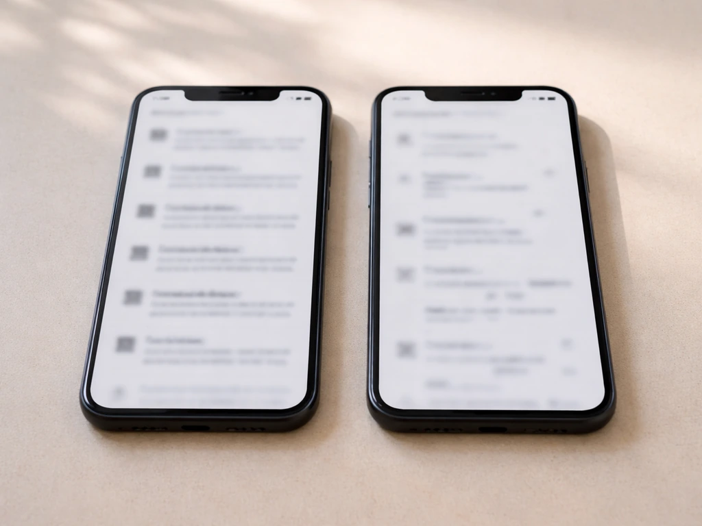 Two phones side-by-side on a desk, blurred review screens implying recurring themes versus vague complaints.