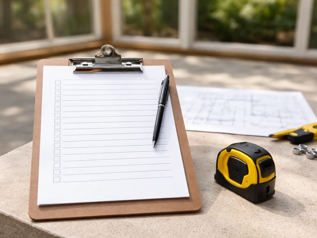 Printed homeowner checklist on clipboard with tape measure beside a simple patio enclosure plan on-site.